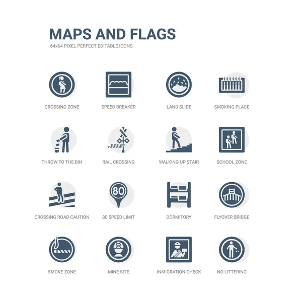 Einfache Symbole wie kein Müll, Einreisekontrollpunkt, Minengelände, Rauchzone, Überführungsbrücke, Schlafsaal, Tempo 80, Überquerung der Straße, Schulzone, Treppensteigen. verwandt — Stockvektor