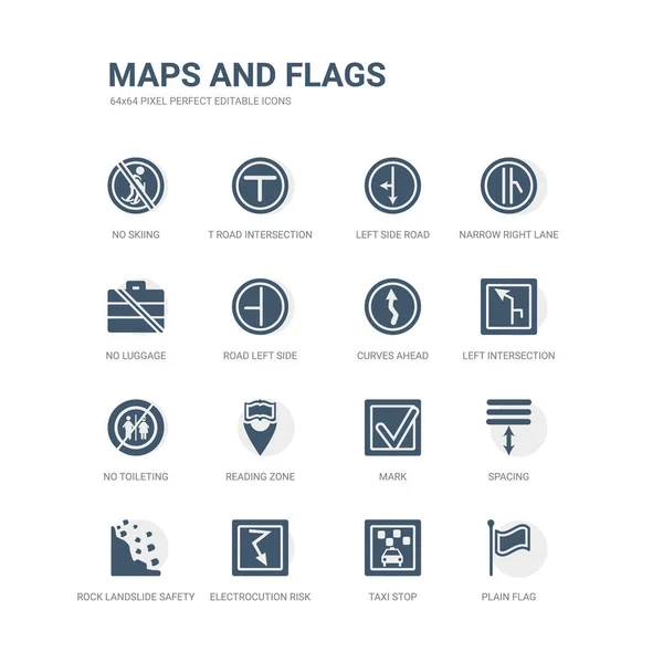 Conjunto simple de iconos tales como bandera llana, parada de taxi, riesgo de electrocución, seguridad de deslizamiento de tierra de roca, espaciado, marca, zona de lectura, sin inodoros, intersección izquierda, curvas por delante. mapas relacionados e iconos de banderas — Vector de stock