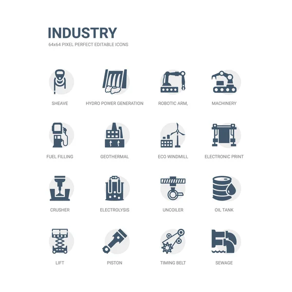 Simple set of icons such as sewage, timing belt, piston, lift, oil tank, uncoiler, electrolysis, crusher, electronic print machine, eco windmill. related industry icons collection. editable 64x64 — Stock Vector