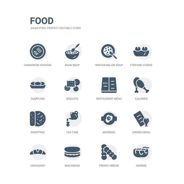 Simple set of icons such as worms, french bread, macarons, croissant, drinks menu, morning, tea time, wrapping, calories, restaurant menu. related food icons collection. editable 64x64 pixel — Stock Vector