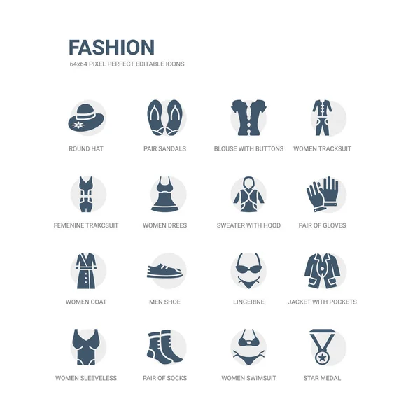 Простий набір ікон, таких як золота медаль, жіночий купальник, пара шкарпеток, жіноча сорочка без рукавів, піджак з кишенями, білизна, чоловіче взуття, жіноче пальто, пара рукавичок, светр з капюшоном. пов'язані — стоковий вектор