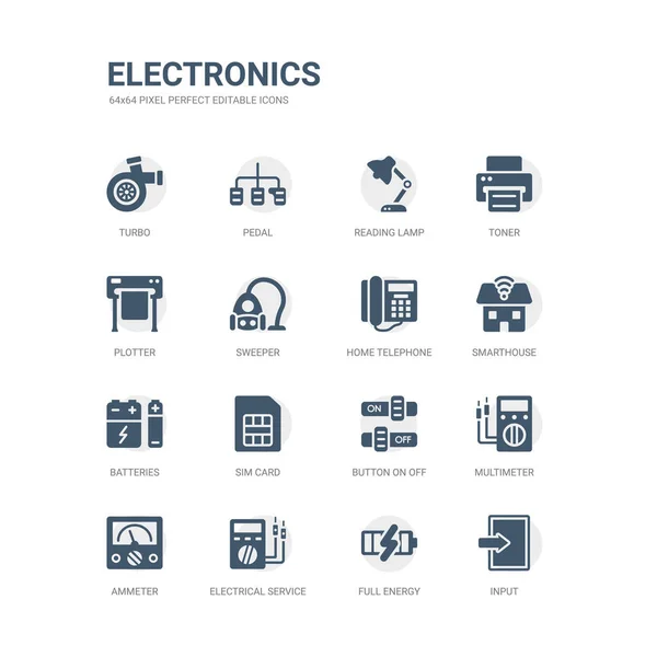 Conjunto simple de iconos tales como entrada, energía completa, servicio eléctrico, amperímetro, multímetro, botón de encendido apagado, tarjeta SIM, baterías, smarthouse, teléfono de casa. colección de iconos electrónicos relacionados . — Vector de stock