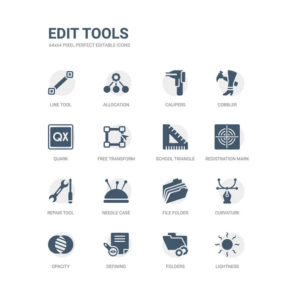 Eenvoudige set van iconen zoals lichtheid, mappen, definiëren, dekking, kromming, bestandsmap, naald geval reparatie tool, registratie mark, school driehoek. Verwante bewerken tools iconen collectie. bewerkbare — Stockvector