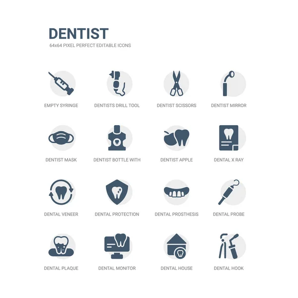 Conjunto simples de ícones, tais como gancho dental, casa dentária, monitor dental, placa, sonda, prótese, proteção, folheado, raio-x, maçã dentista. coleção de ícones dentista relacionados. editável 64x64 pixel — Vetor de Stock