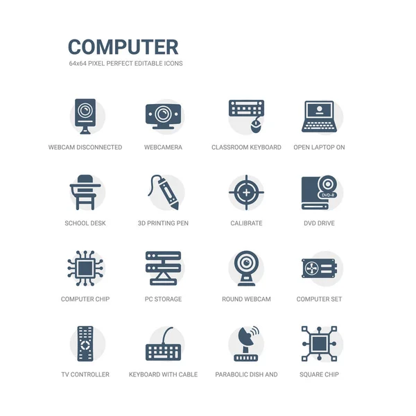 Jednoduchá sada ikon čtvercový čip, parabolické antény a klávesnici s kabelem, ovladač tv, počítače nastaven, kulaté kamery, pc skladování, počítačový čip, dvd disk, kalibrovat. ikony související počítač příkazem ping — Stockový vektor