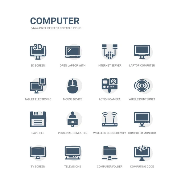 Conjunto simple de iconos tales como código informático, carpeta de la computadora, televisores, pantalla de tv, monitor de computadora, conectividad inalámbrica, computadora personal y trabajador, guardar el archivo, conexión inalámbrica a Internet , — Archivo Imágenes Vectoriales