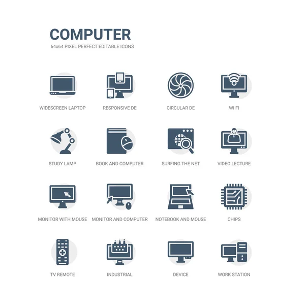 Conjunto simple de iconos tales como estación de trabajo, dispositivo, industrial, control remoto de televisión, chips, portátil y cursor del ratón, monitor y ratón de la computadora, monitor con el cursor del ratón, conferencia de vídeo, navegar por la red . — Vector de stock