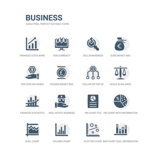 Ensemble simple d'icônes telles que graphique à barres double information, diagramme de dispersion, graphique à colonnes, double tarte avec des informations, fichier à tartes, maison d'affaires immobilière sur une main, statistiques financières barres descendantes — Image vectorielle