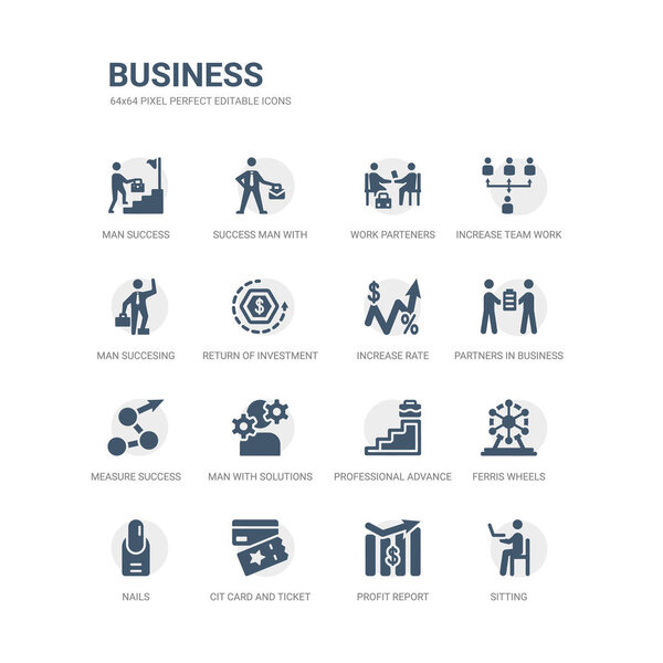 simple set of icons such as sitting, profit report, cit card and ticket, nails, ferris wheels, professional advance, man with solutions, measure success, partners in business, increase rate. related