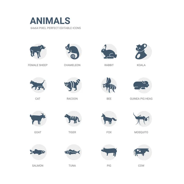 Eenvoudige set van iconen zoals koe, varken, tonijn, zalm, mug, fox, tijger, geit, cavia heag, bee. verwante dieren iconen collectie. bewerkbare 64 x 64 pixel perfect. — Stockvector