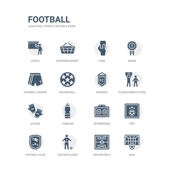 简单的图标集, 如进球, 足球场, 足球运动员, 足球俱乐部, 应用程序, 记分牌, 翻滚, 手套, 球员换人, 旗帜。相关的足球图标集合。可编辑64x64 像素 — 图库矢量图片