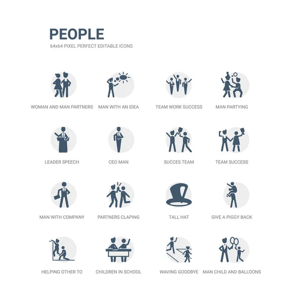Simple set of icons such as man child and balloons, waving goodbye, children in school, helping other to jump, give a piggy back ride, tall hat, partners claping hands, man with company, team Royalty Free Stock Illustrations
