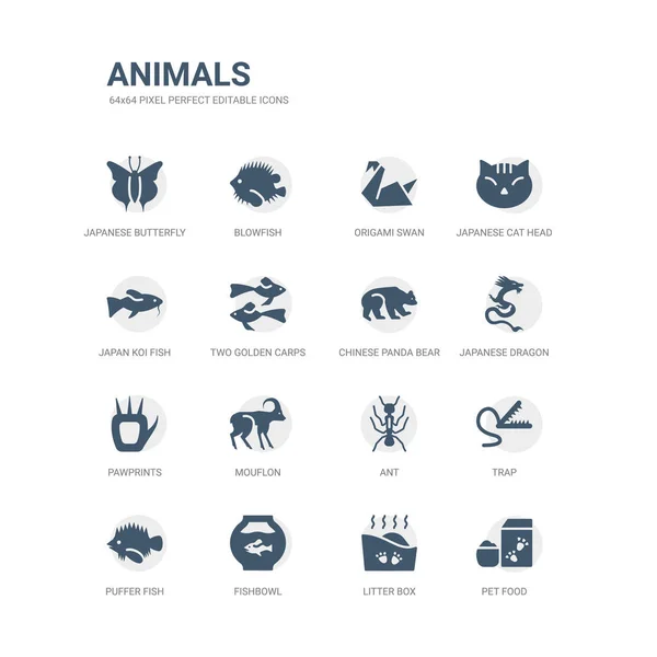 Simple set of icons such as pet food, litter box, fishbowl, puffer fish, trap, ant, mouflon, pawprints, japanese dragon, chinese panda bear. related animals icons collection. editable 64x64 pixel Vector Graphics