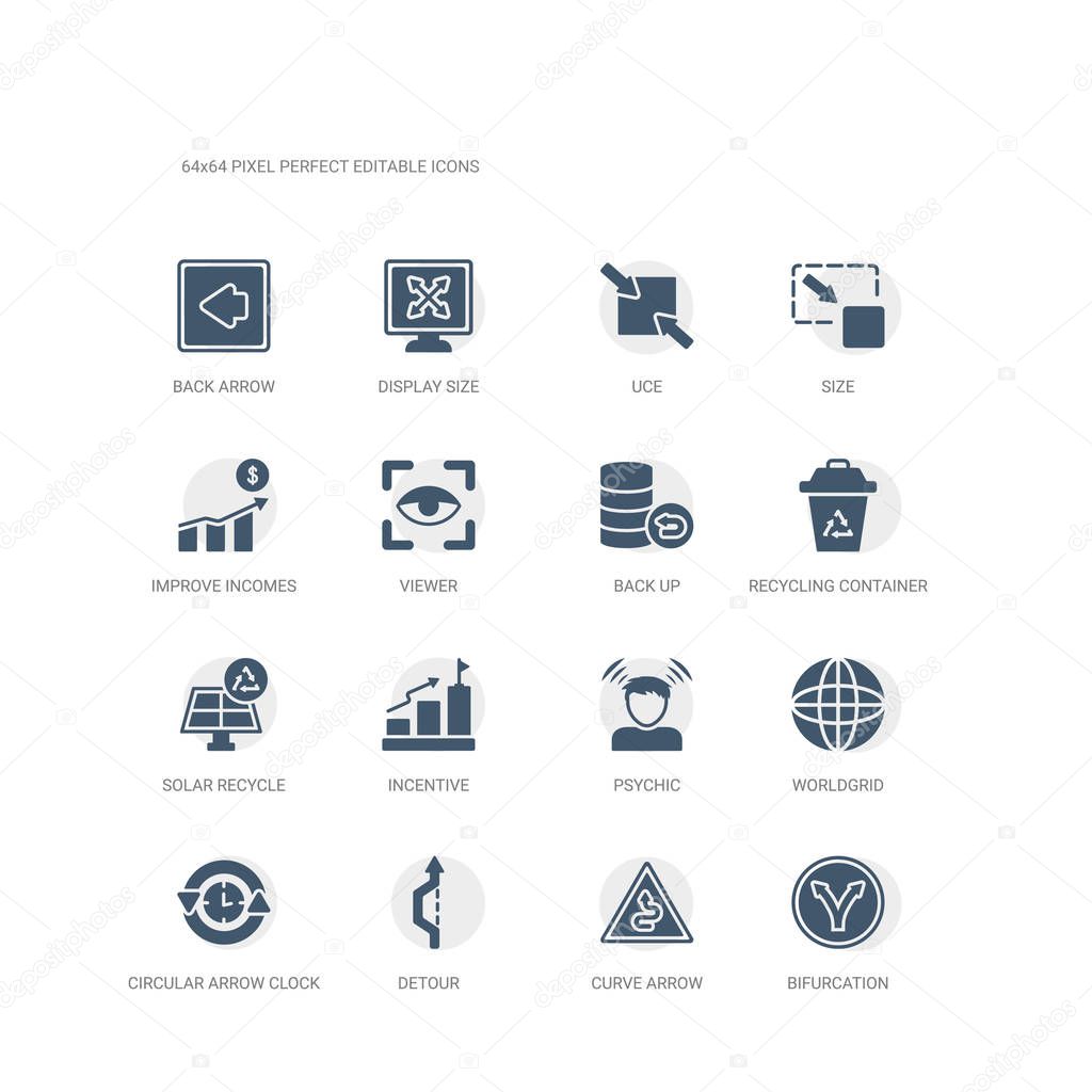 simple set of icons such as bifurcation, curve arrow, detour, circular arrow clock, worldgrid, psychic, incentive, solar recycle, recycling container, back up. related ui icons collection. editable