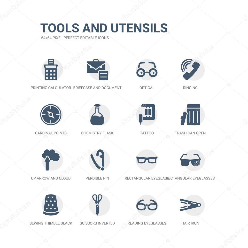 simple set of icons such as hair iron, reading eyeglasses, scissors inverted view, sewing thimble black variant, rectangular eyeglasses, rectangular eyeglass frame, perdible pin, up arrow and cloud,