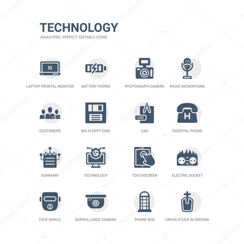 simple set of icons such as cross stuck in ground, phone box, surveillance camera, face shield, electric socket on fire, touchscreen, technology, summary, hospital phone, cad. related technology