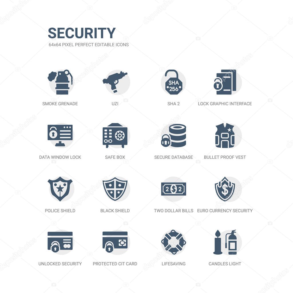 simple set of icons such as candles light, lifesaving, protected cit card, unlocked security of cit transaction, euro currency security shield, two dollar bills, black shield, police shield, bullet
