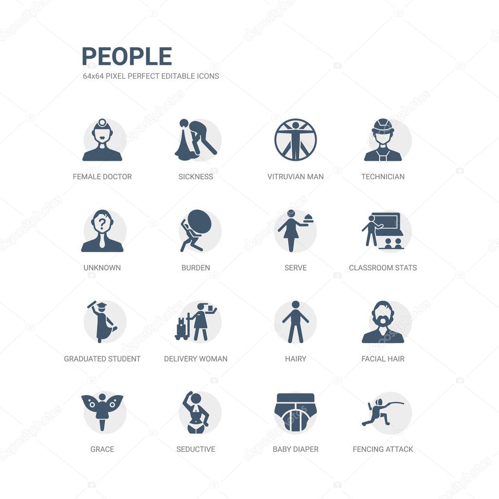 simple set of icons such as fencing attack, baby diaper, seductive, grace, facial hair, hairy, delivery woman, graduated student, classroom stats, serve. related people icons collection. editable