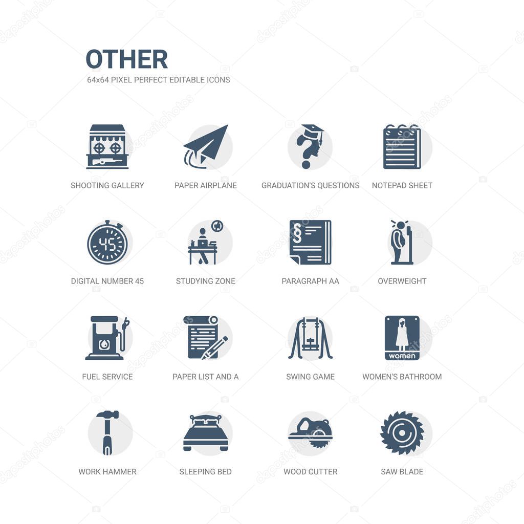 simple set of icons such as saw blade, wood cutter, sleeping bed, work hammer, women's bathroom, swing game, paper list and a pencil, fuel service, overweight, paragraph aa. related other icons