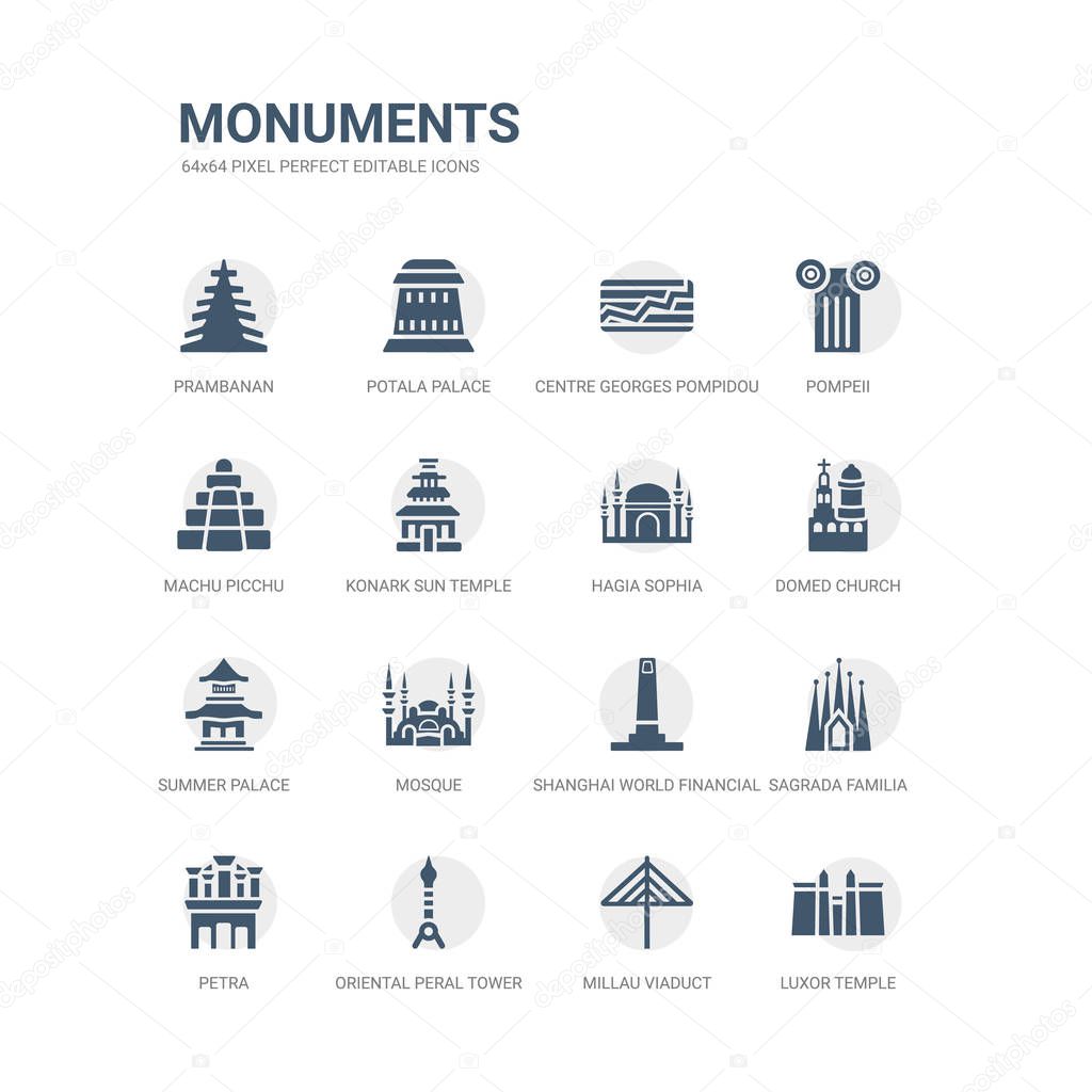 simple set of icons such as luxor temple, millau viaduct, oriental peral tower, petra, sagrada familia, shanghai world financial center, mosque, summer palace, domed church, hagia sophia. related