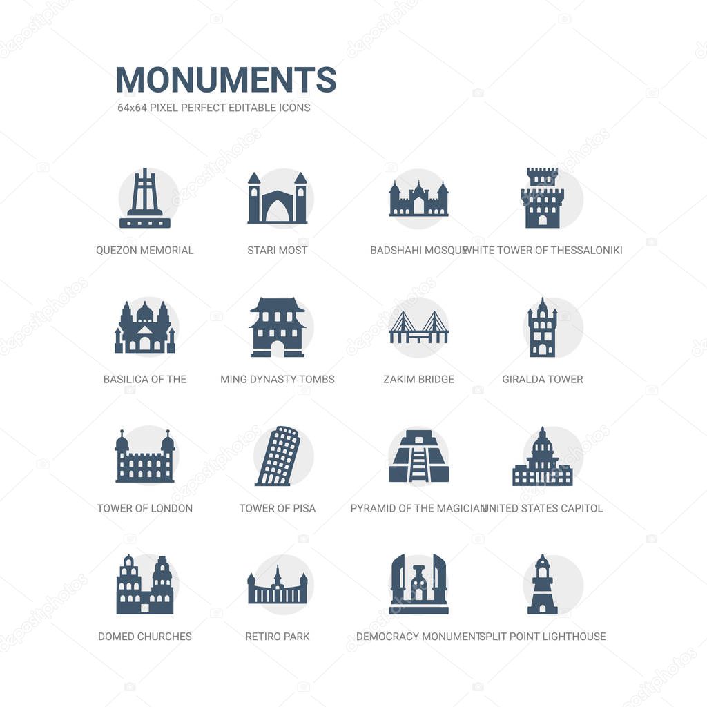 simple set of icons such as split point lighthouse, democracy monument, retiro park, domed churches, united states capitol, pyramid of the magician, tower of pisa, tower london, giralda tower, zakim