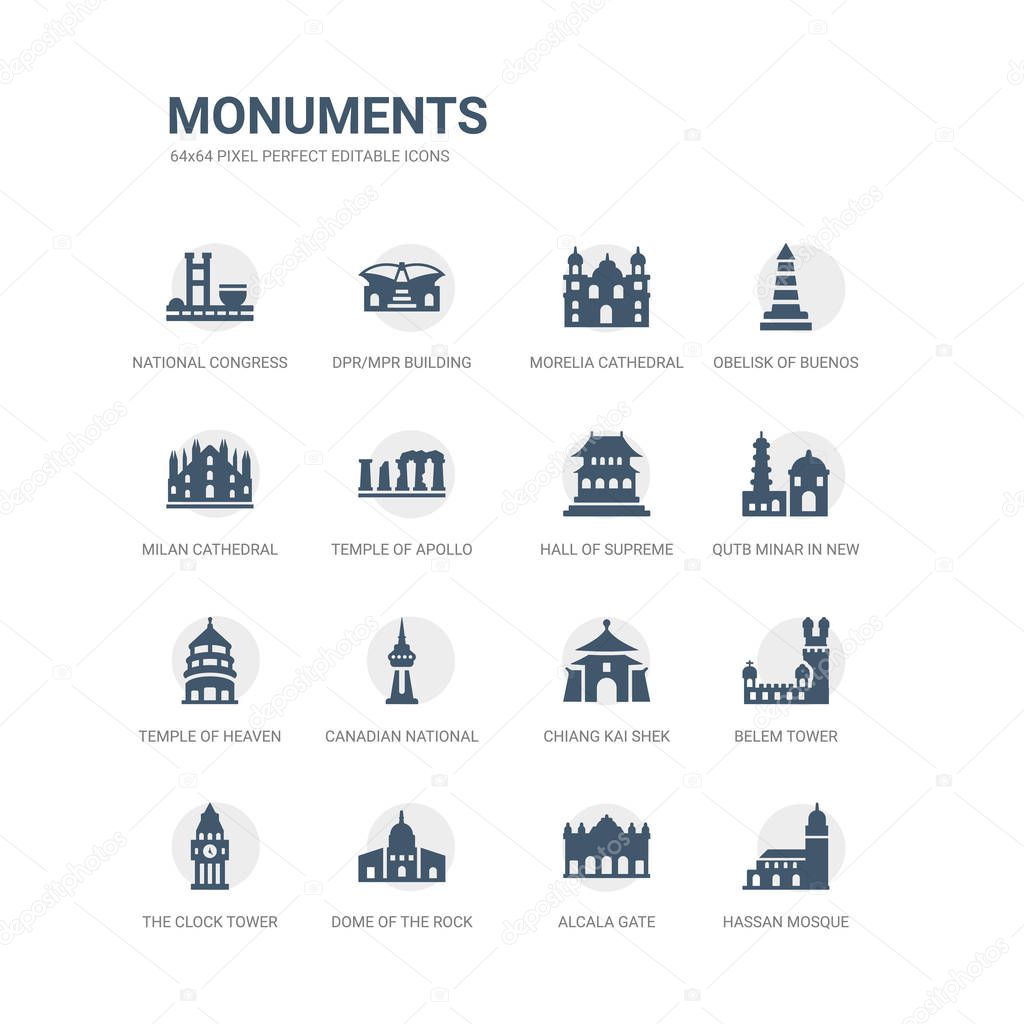 simple set of icons such as hassan mosque, alcala gate, dome of the rock, the clock tower, belem tower, chiang kai shek memorial hall, canadian national tower, temple of heaven in beijing, qutb