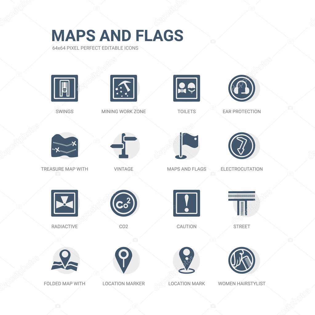 simple set of icons such as women hairstylist, location mark, location marker, folded map with position mark, street, caution, co2, radiactive, electrocutation danger, maps and flags. related maps