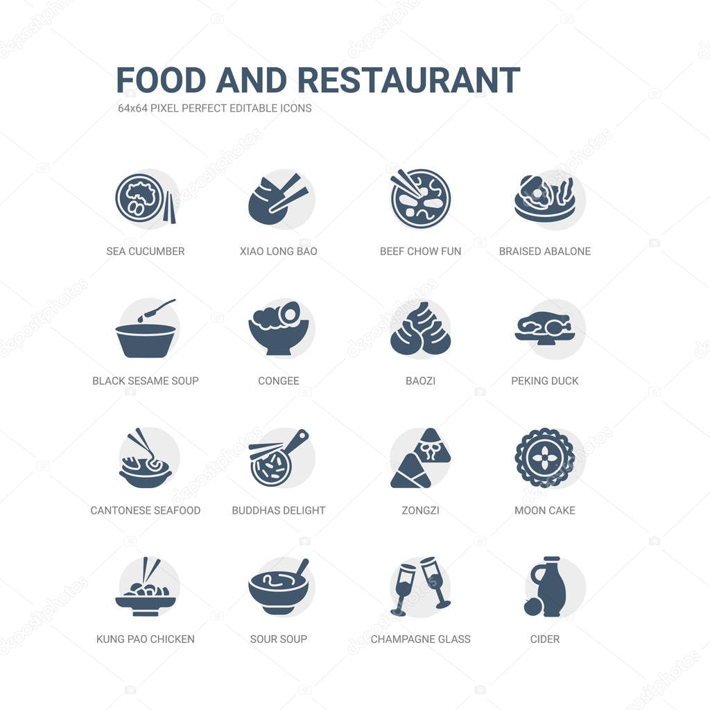simple set of icons such as cider, champagne glass, sour soup, kung pao chicken, moon cake, zongzi, buddhas delight, cantonese seafood soup, peking duck, baozi. related food and restaurant icons