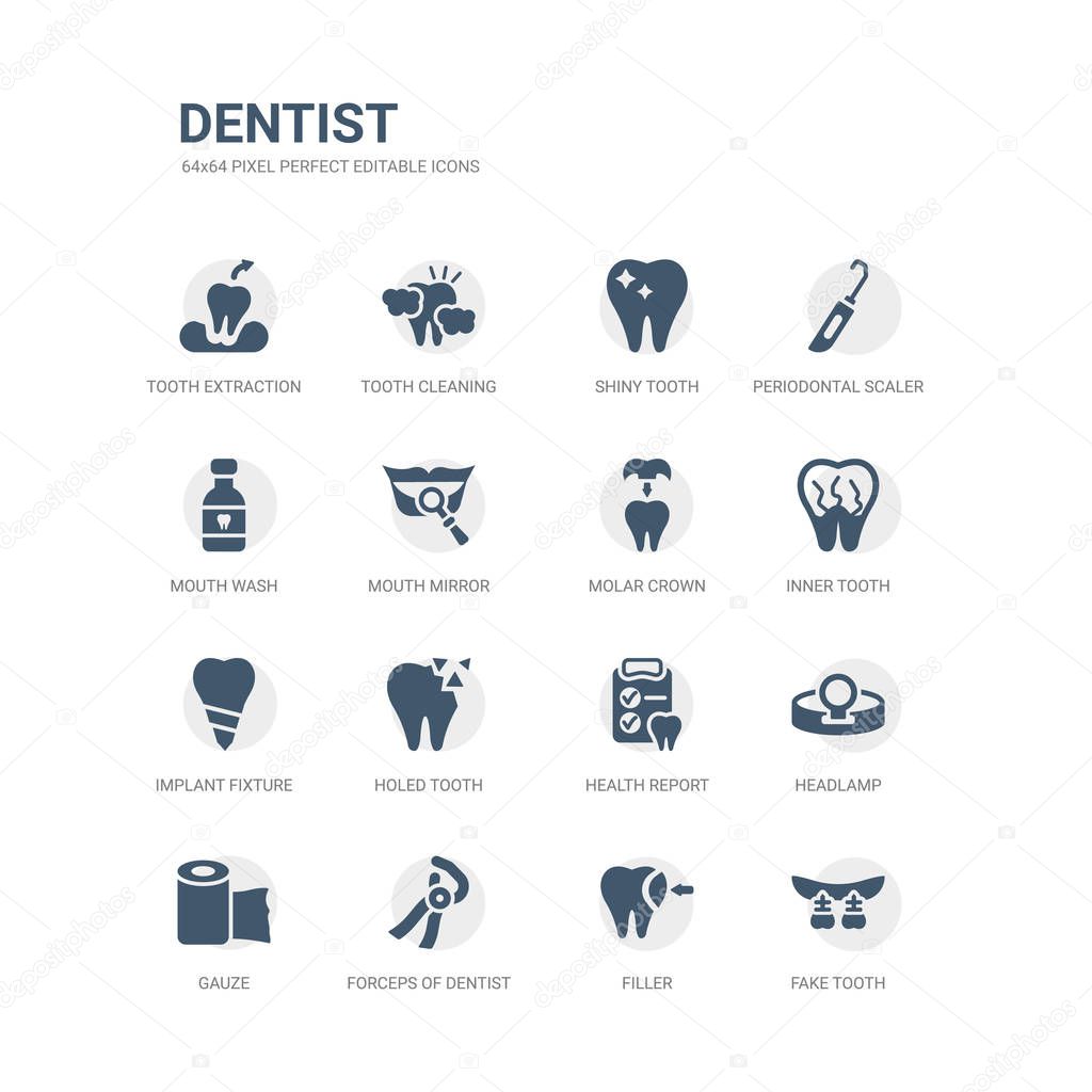 simple set of icons such as fake tooth, filler, forceps of dentist tools, gauze, headlamp, health report, holed tooth, implant fixture, inner tooth, molar crown. related dentist icons collection.