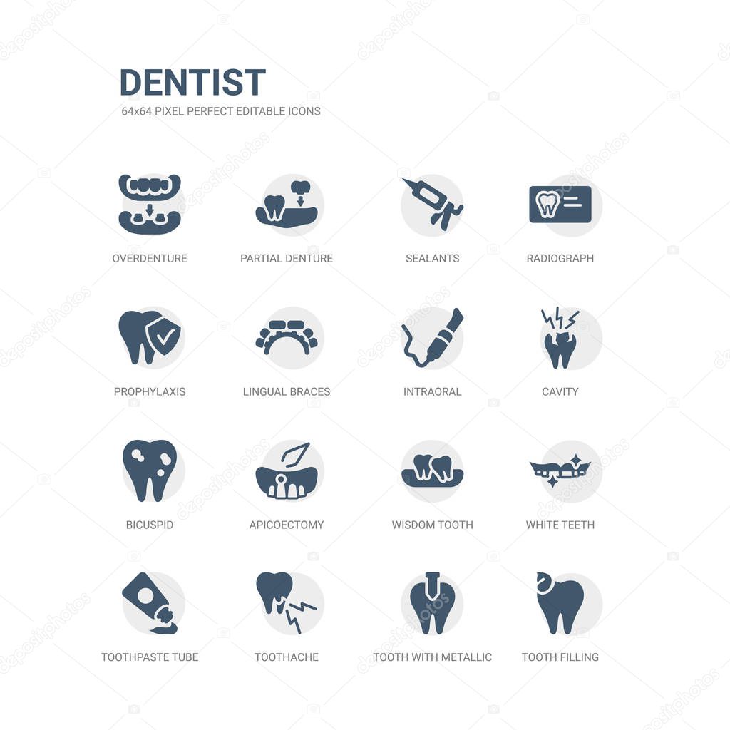 simple set of icons such as tooth filling, tooth with metallic root, toothache, toothpaste tube, white teeth, wisdom tooth, apicoectomy, bicuspid, cavity, intraoral. related dentist icons