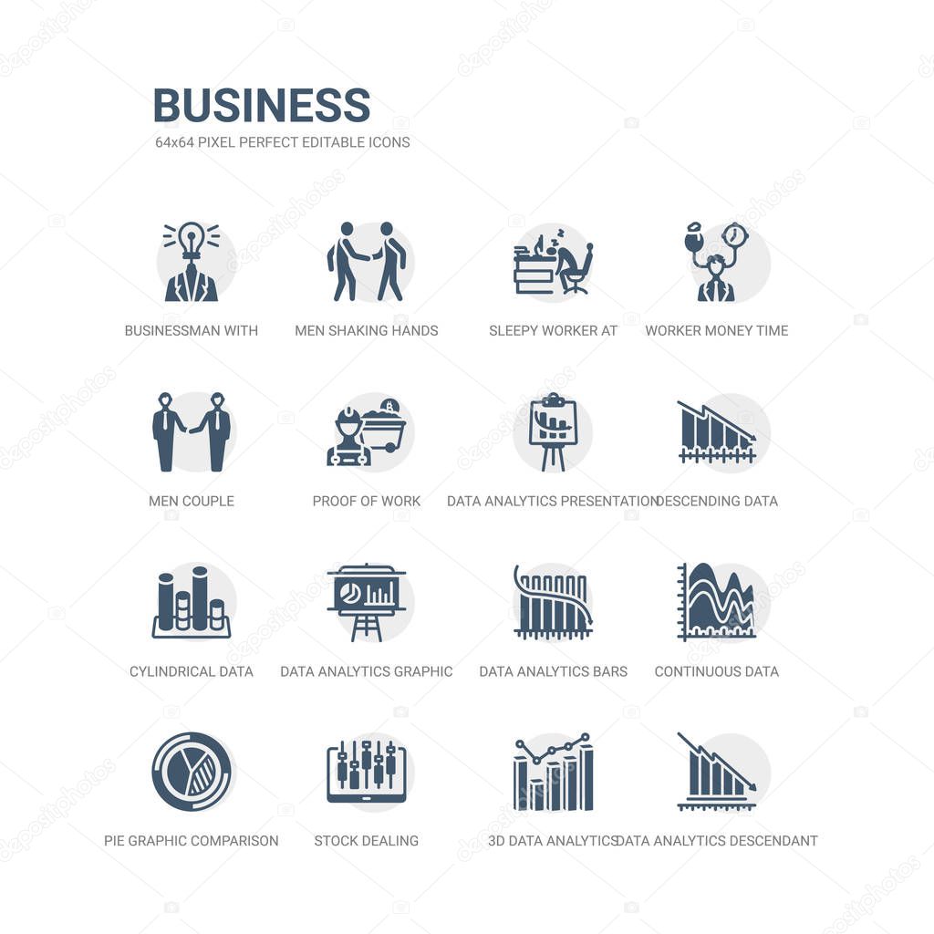 simple set of icons such as data analytics descendant graphic, 3d data analytics bars graphic, stock dealing, pie graphic comparison interface, continuous data wave chart, analytics bars chart with