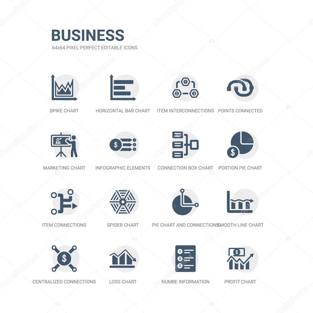 simple set of icons such as profit chart, numbe information, loss chart, centralized connections, smooth line chart, pie and connections, spider item connections, portion pie connection box related