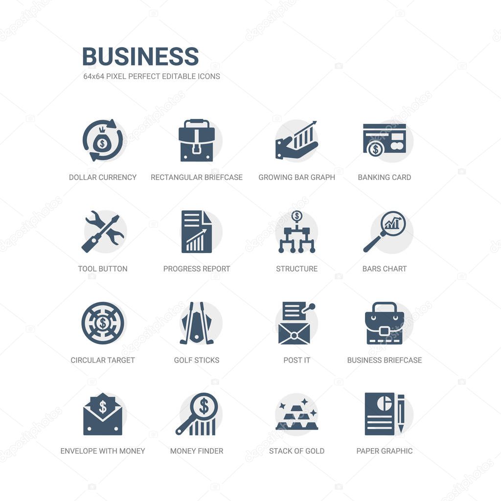 simple set of icons such as paper graphic, stack of gold, money finder, envelope with money inside, business briefcase, post it, golf sticks, circular target, bars chart, structure. related business