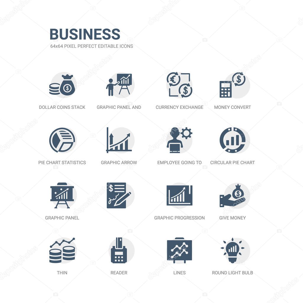 simple set of icons such as round light bulb, lines, reader, thin, give money, graphic progression,  , graphic panel, circular pie chart, employee going to work. related business icons collection.