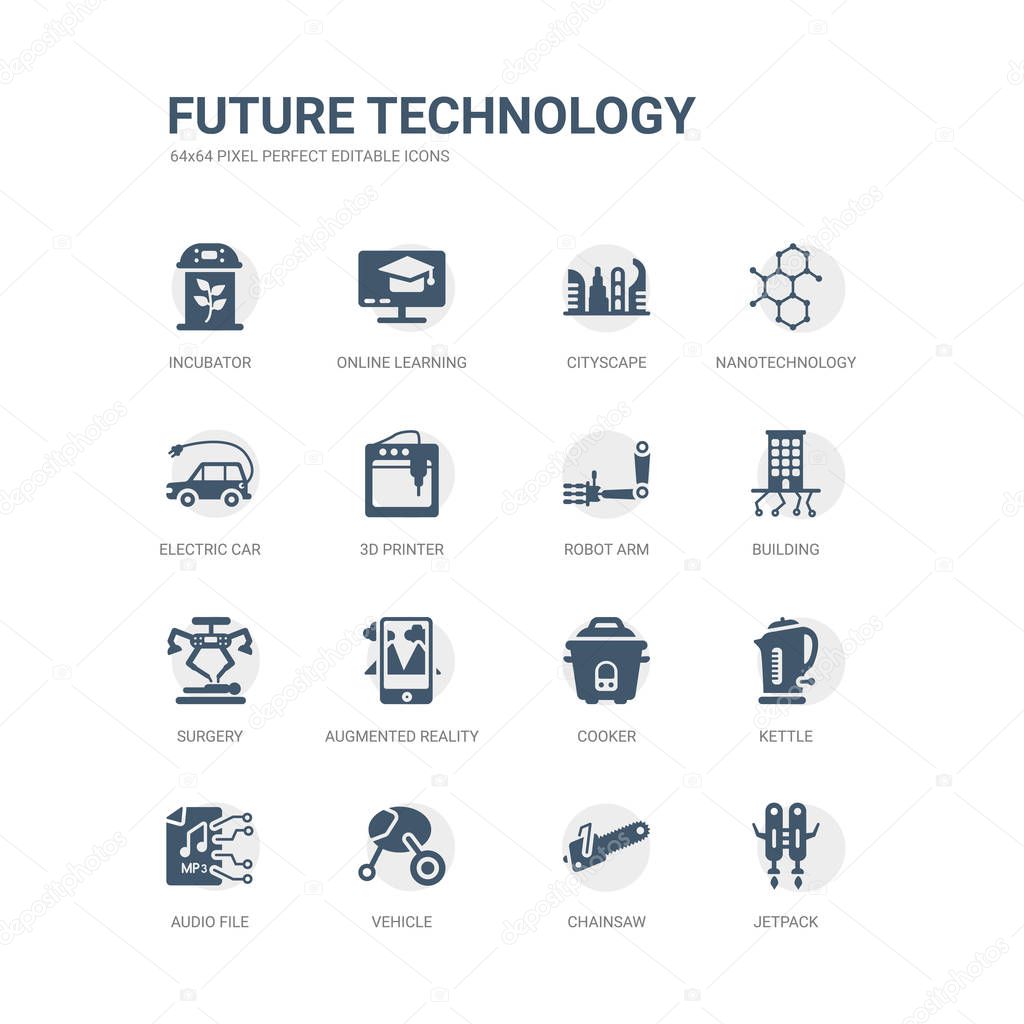 simple set of icons such as jetpack, chainsaw, vehicle, audio file, kettle, cooker, augmented reality, surgery, building, robot arm. related future technology icons collection. editable 64x64 pixel