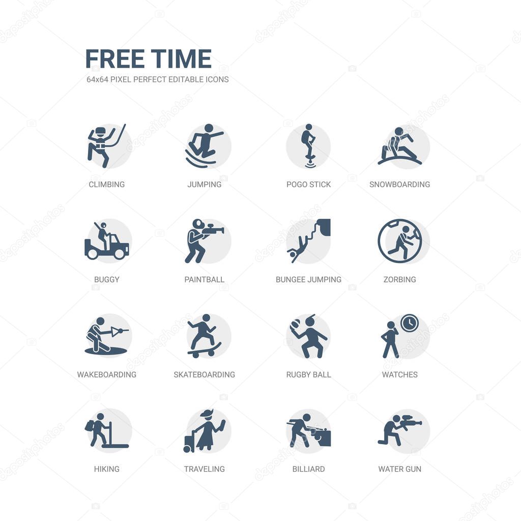 simple set of icons such as water gun, billiard, traveling, hiking, watches, rugby ball, skateboarding, wakeboarding, zorbing, bungee jumping. related free time icons collection. editable 64x64