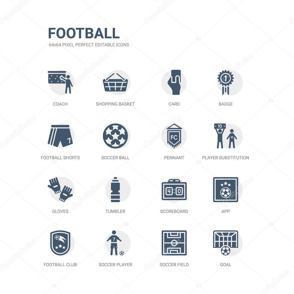 simple set of icons such as goal, soccer field, soccer player, football club, app, scoreboard, tumbler, gloves, player substitution, pennant. related football icons collection. editable 64x64 pixel