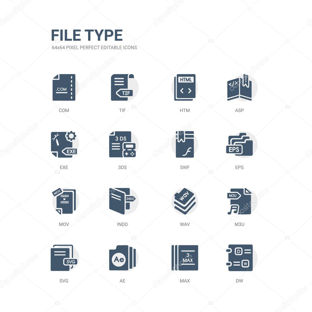 Simple set of icons such as dw, max, ae, svg, m3u, wav, indd, mov, eps, swf. related file type icons collection. editable 64x64 pixel perfect.