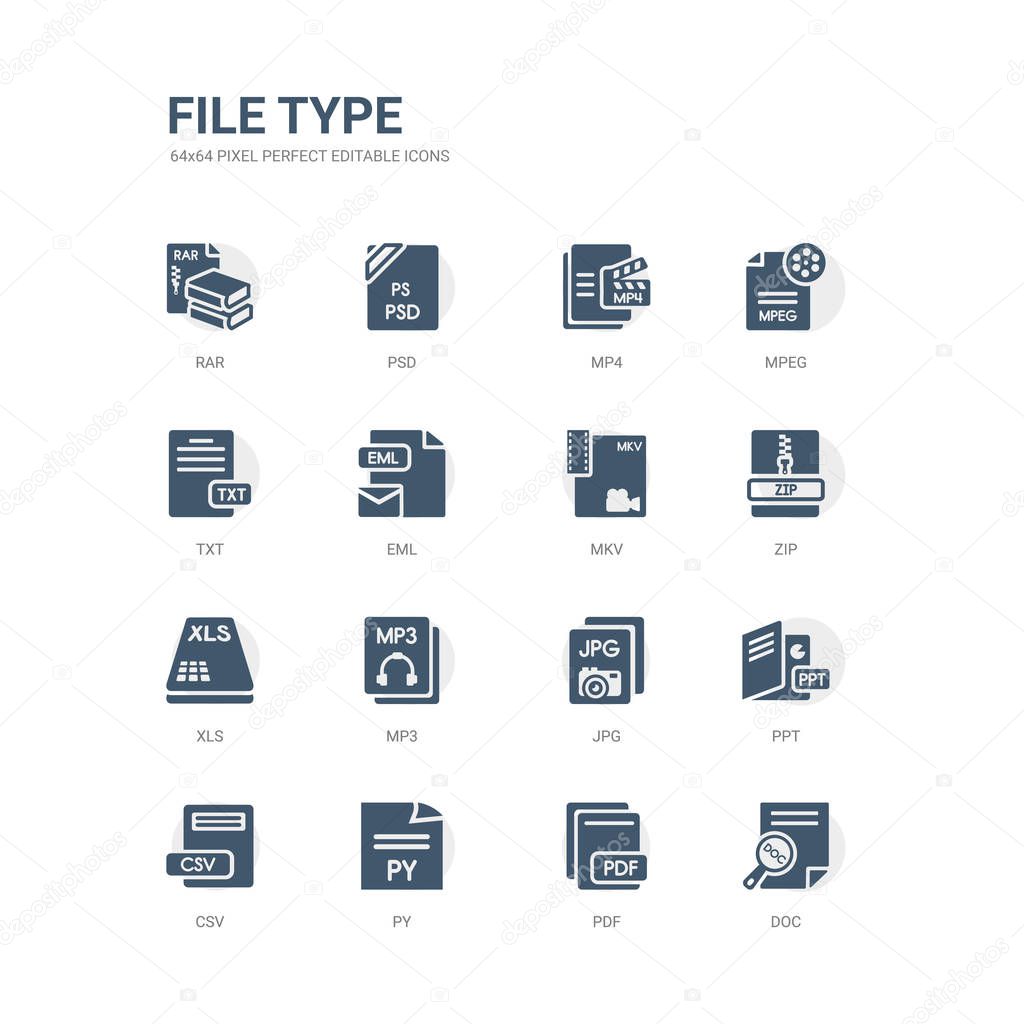 simple set of icons such as doc, pdf, py, csv, ppt, jpg, mp3, xls, zip, mkv. related file type icons collection. editable 64x64 pixel perfect.