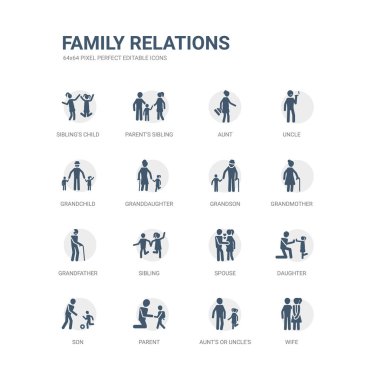 çocuk, eş, teyzenin ya da Amca'nın gibi simgeleri basit bir set üst, oğlu, kızı, eş, kardeş, büyükbaba, büyükanne, torunu. aile ilişkileri simgeler toplama ile ilgili. düzenlenebilir 64 x 64 piksel