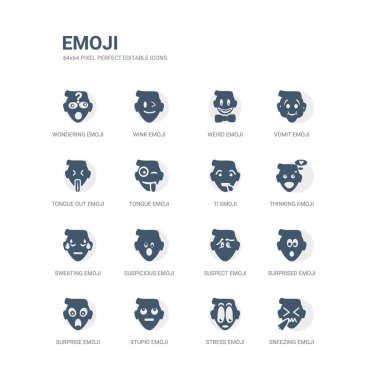 hapşırma emoji, stres emoji, aptal emoji, sürpriz sürpriz şüpheli şüpheli gibi simgeleri basit bir set düşünme ti terleme ile ilgili simgeler koleksiyonu. düzenlenebilir 64 x 64 piksel mükemmel.
