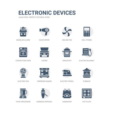 sıcak levha, nemlendirici, Çöp öğütücü, mutfak robotu, fırın, elektrikli kalemtıraş, espresso makinesi, elektrikli, elektrikli battaniye, hayır gibi simgeleri basit kümesi. Elektronik ile ilgili