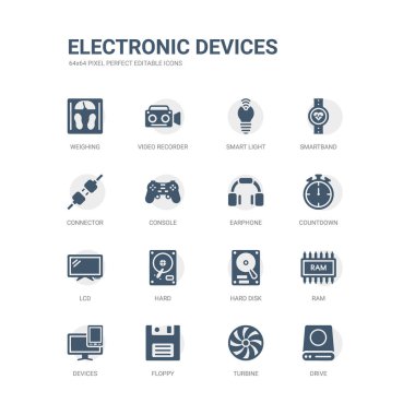 Basit dizi sürücü, türbin, yumuşak ve sarkık, cihazlar, ram, sabit disk, sabit gibi simgeleri, lcd, geri sayım, kulaklık. elektronik cihazlar simgeler toplama ile ilgili. düzenlenebilir 64 x 64 piksel mükemmel.