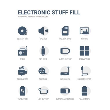 basit set tam dolu pil, pil neredeyse tam, düşük pil, yarım usb bağlantısı, wifi modem gibi simgelerin filmi oynatın, film kamerası, hesaplama, boş ilgili elektronik malzeme dolgu simgeler
