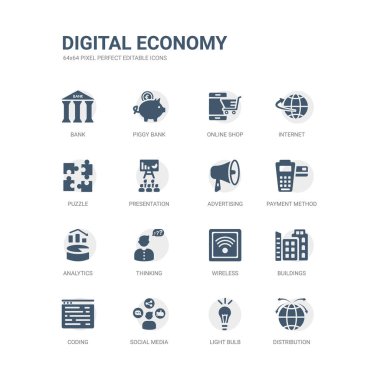 dağıtım, ampul, sosyal medya, kodlama, binalar, kablosuz gibi simgeleri, düşünme, analytics, ödeme yöntemi, reklam basit kümesi. Dijital Ekonomi simgeler toplama ile ilgili. düzenlenebilir