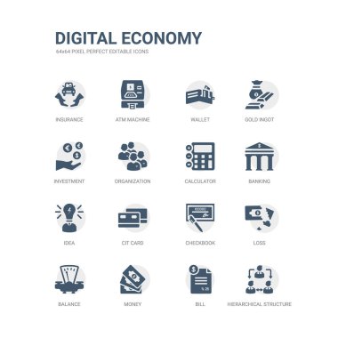 hiyerarşik yapısı, bill, para, denge, kaybı, Çek defteri, CIT kartı, fikir, bankacılık, hesap makinesi gibi simgeleri basit kümesi. Dijital Ekonomi simgeler toplama ile ilgili. düzenlenebilir 64 x 64 piksel