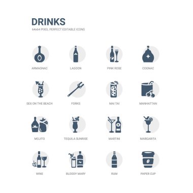 kağıt bardak, ROM, bloody mary, şarap, margarita, martini, tekila sunrise, mojito, manhattan, mai tai gibi simgeleri basit kümesi. içecekler simgeler toplama ile ilgili. düzenlenebilir 64 x 64 piksel mükemmel.