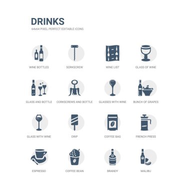 malibu, brendi, kahve çekirdeği, espresso, gibi simgeleri basit bir set Fransız basın kahve çanta, damla, şarap, üzüm demet, cam bardak şarap ile. içecekler simgeler toplama ile ilgili. düzenlenebilir