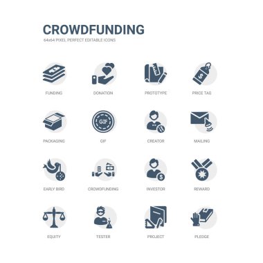 basit rehin, proje, test, eşitlik, ödül, yatırımcı, crowdfunding, erken kalkan, e-posta, yaratıcısı gibi simgeler kümesi. crowdfunding simgeler toplama ile ilgili. düzenlenebilir 64 x 64 piksel mükemmel.