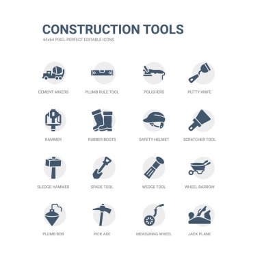 jack uçak, tekerlek, ölçme gibi simgeleri basit bir set almak balta, plumb bob, tekerlek barrow, kama aracı, spade aracı, kızak çekiç, karıştırıcı aracı, güvenlik kask. simgeleri ilgili inşaat araçları